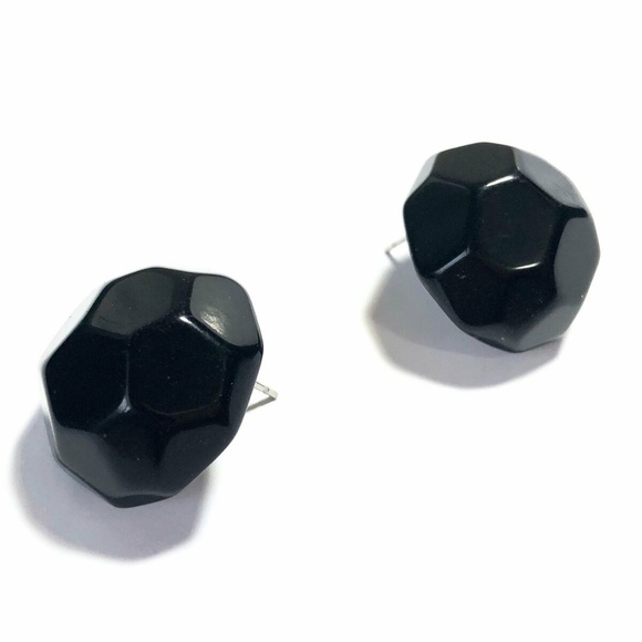 Black Faceted Retro Button Stud Lucite Earrings - Picture 3 of 8